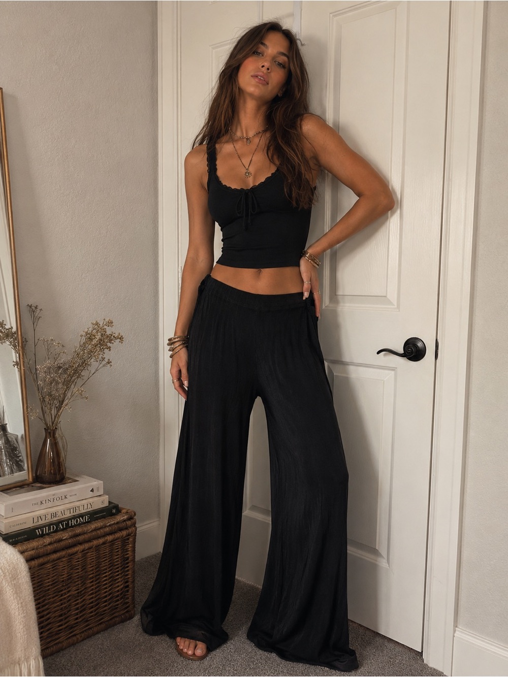 VTG Flax Black Acetate Blend Stretch Slinky Wide Leg Pull On Pants Lagonlook